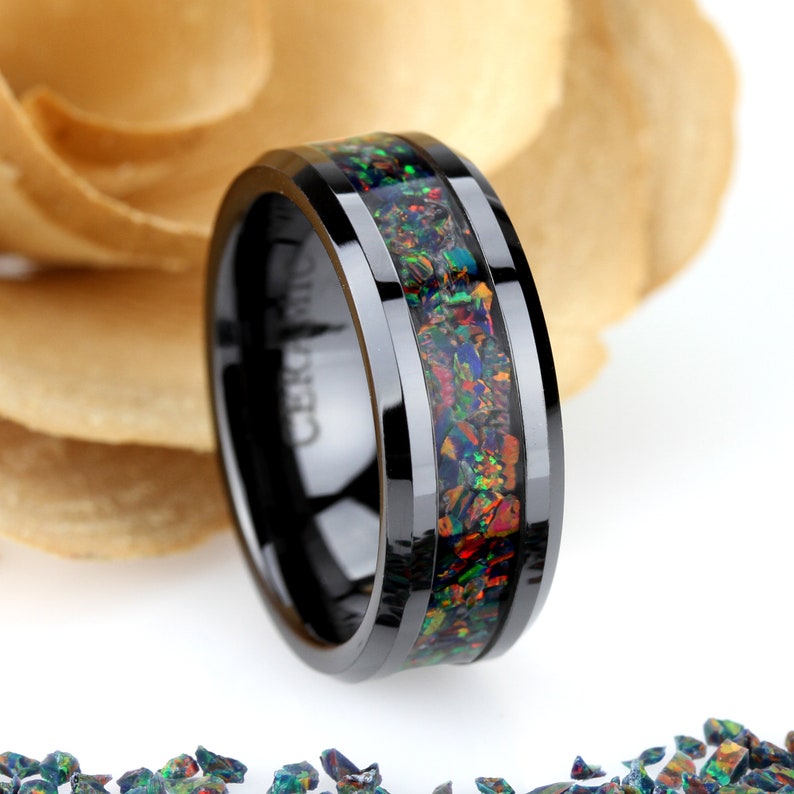 Crushed Black Fire Opal Inlay 8mm Tungsten Wedding Band