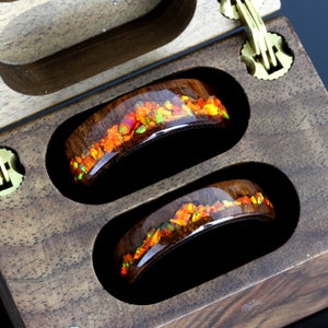 Fire Opal Wedding Band Set His And Hers, Orange Fire Opal Inlay, Mountain Pattern Natural Solid Wood Ring, Promise Ring, Anniversary Gift
