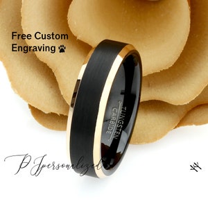 Tungsten Ring, Men&#39;s Tungsten Wedding Band, Women&#39;s Black Wedding Band Rose Gold Edges, Black Tungsten Ring, Anniversary Ring, 6mm