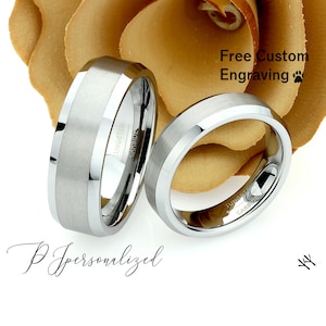 His And Hers Tungsten Wedding Band Set, Men & Women, 8mm, 6mm, Matte Center Beveled Tungsten Ring, His And Hers Promise Ring Set