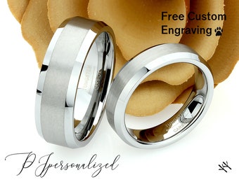 His And Hers Tungsten Wedding Band Set, Men & Women, 8mm, 6mm, Matte Center Beveled Tungsten Ring, Promise Ring For Couple