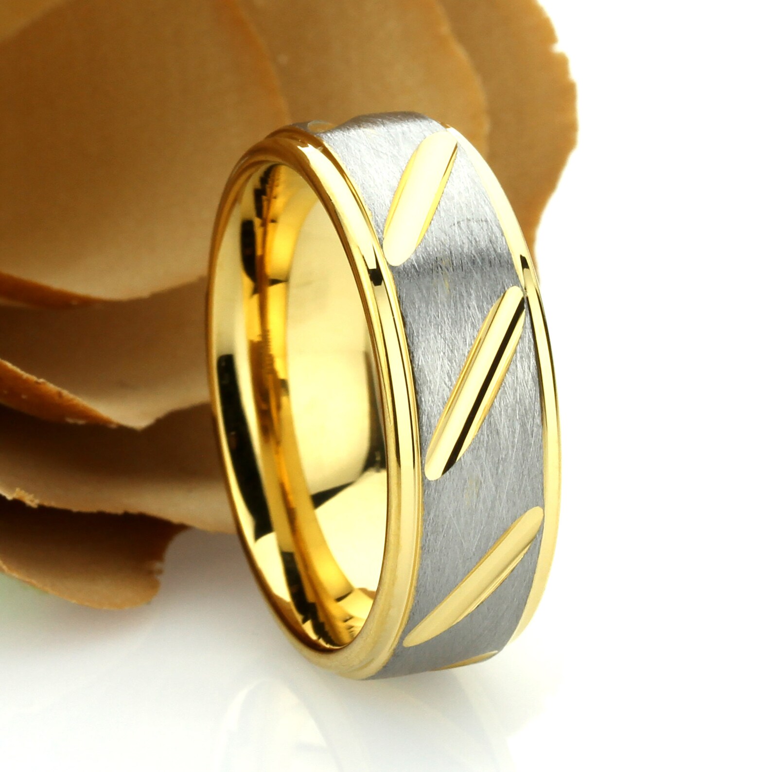 8mm Tungsten Wedding Band Men Gold Chiseled Tungsten Ring for Etsy
