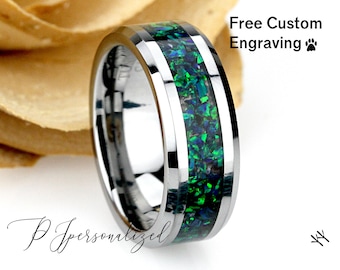 Crushed Emerald Green Opal 8mm Tungsten Wedding Band Men & Women, Black Ceramic Wedding Band For Men Women, Fire Opal Ring, Promise Gift