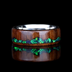 Fire Opal Wedding Band His And Hers, Emerald Green Opal Inlay 8mm/6mm, Mountain Pattern Natural Solid Wood Ring, His And Hers Wedding Ring