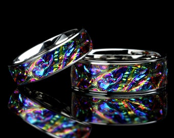 Conjunto de alianzas de boda para él y para ella, anillo de titanio con incrustación de dicrolam de burl de fuego para hombres y mujeres, 8 mm y 6 mm, anillo de promesa para pareja