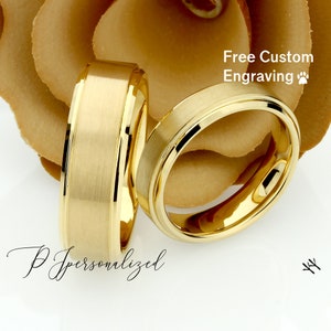 His And Hers Tungsten Wedding Band Set,Men & Women,8mm,6mm,Matte Top Gold Tone Ring,Tungsten Carbide Ring, His And Hers Promise Ring Set