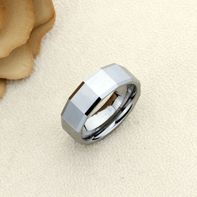 8mm Tungsten Wedding Band Men Tungsten Promise Ring For Men Square Pattern Beveled Edges Tungsten Ring Men Personalized Ring
