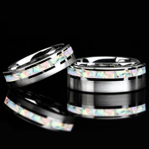 Tungsten Wedding Band: White Fire Opal Inlay, Promise Ring