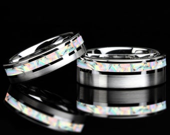His or Hers White Fire Opal Tungsten Wedding Band | Personalized Engraved 8mm/6mm Couple Rings | Durable Promise Ring Anniversary Gift