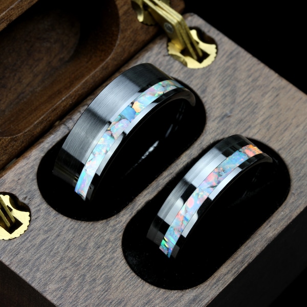 His & Hers White Fire Opal Inlay Black Ceramic Tungsten Wedding Band Set