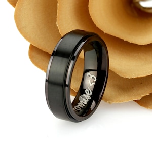 Promise Ring Titanium Wedding Band Ring Men Women Unisex 6mm Matte Center Black Ring Inside Engraving