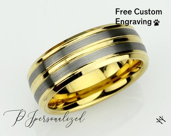 Tungsten Ring, Men's Tungsten Wedding Band, Men's Yellow Gold Wedding Band, Tungsten Ring, Tungsten Band, Anniversary Ring, 8mm Strips Ring