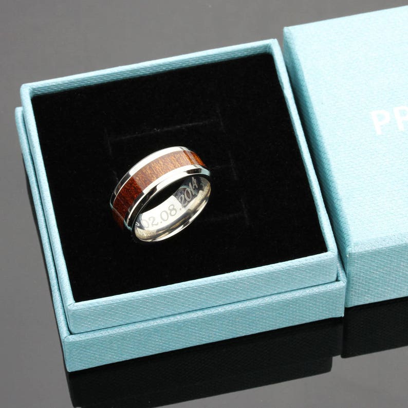 Titanium Promise Ring Men Women 8mm Hawaiian Koa Wood Inlay Beveled Edges Titanium Wedding Band Men Women