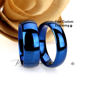 His And Hers Tungsten Wedding Band Set Blue,Men & Women,8mm 6mm, Dome Ring, Blue Tungsten Carbide Ring, His And Hers Promise Ring Set,