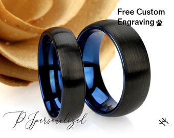 His And Hers Tungsten Wedding Band Set Black Blue, 8mm 6mm, Brushed Black Ring, Tungsten Carbide Ring, Promise Ring For Couple