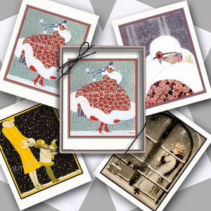 Art Deco sneeuwmode notitiekaarten/vintage afbeeldingen/4 kunstenaar/sneeuwscènes/kerst/winter/vakantie/cadeau/boxed set van 8 kaarten met enveloppen