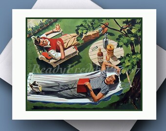 Single Notecard Boys of Summer/ Vintage Advertising Images/Men/ Gay/ Relaxing/ Hammock/ Cocktails/ Single Blank Card