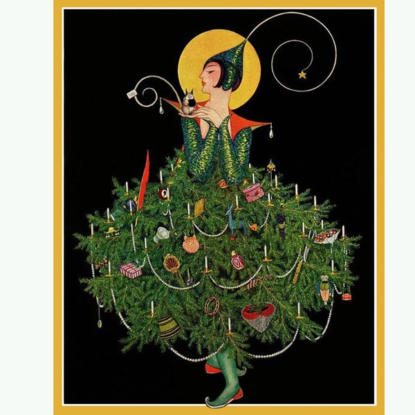 Vintage Art Deco Notecards/ Vintage Image/ Holiday Christmas / Lady Dressed as a Tree/Whimsical/  8 cards &envelopes/ Golden Envelope option