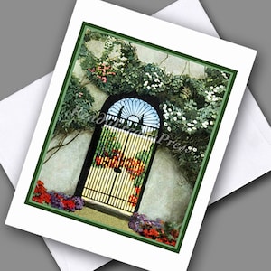 Single Notecard Garden Gate / Vintage Images/ &quot;House & Garden&quot;/Art Deco/Flowers/ Gardens/ All Occasion/Single Card Blank