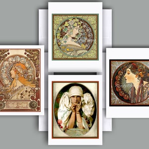 Notecards: Artist Notes Alphonse Mucha/ Art Nouveau / Vintage Images/ Romantic/ Classical/ Graphic/ Boxed Set of 8 With envelopes/ Blank
