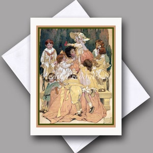 Puede incluir: Una ilustración vintage de una mujer rodeada de niños. La mujer lleva un vestido rosa y un sombrero. Los niños llevan ropa variada, incluyendo un traje de marinero, un vestido y una camisa amarilla. La ilustración está ambientada en un jardín con árboles verdes y flores.