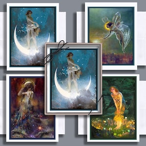 Êtres magiques/ Images vintage de cartes de correspondance/ Fées/ Déesses/Ciels et étoiles/ 8 cartes avec enveloppes/ Vierge