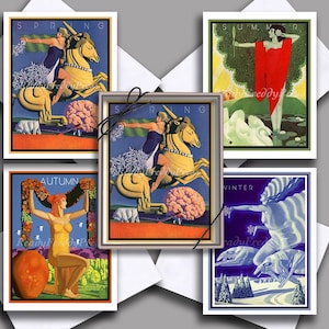 Cartes de notes « Saisons » parWilliam Welch/ Cartes d’artistes/ Images vintage Années 1930/ Art Déco/ Graphique/ 8 cartes et enveloppes