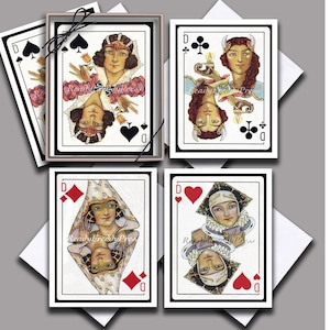 Queens Only Playing Cards Notecards/ Vintage Images/ / Classical/ Queens/ Art Deco/ 1930s/ Boxed Set of 8 With envelopes/ Blank