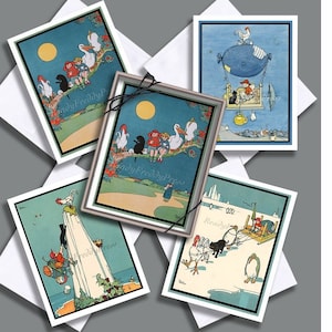 Cartes de notes W. Heath Robinson vintage Illustrateur/ Fantaisie/ Livre pour enfants/ « Peter Quip à la recherche d’un ami"/ 8 cartes avec enveloppes