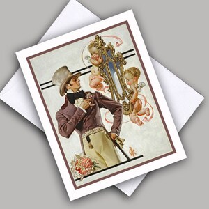 Cartão de nota único Imagem vintage Dia dos Namorados / Cavalheiro e Cupidos / Amor / Romance / Namoro / Noivado / Gay / Cartão de solteiro com envelope