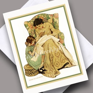 Imagen antigua/Madre e hijo/Día de la madre/Lección de costura/Infancia/Tía/Madre/Abuela/Tarjeta con una sola nota/Interior en blanco