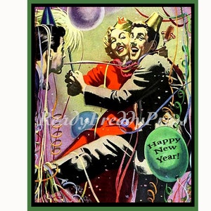 Nieuwjaarskaarten/ Vintage afbeelding/ Feestje/ Koppel/ Dansen/ Lawaaimaker / Ballonnen/ Feest/doos set van 8 met enveloppen/