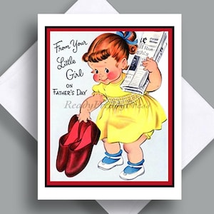 Cartão de Dia dos Pais/ Imagem Vintage/ Papai/ Marido/ Pai/ Desejos/ Família/ Pai/ Sua Menina/ Chinelos/ Jornal/ Filha