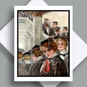 Enkele afstudeerkaart/vintage afbeelding / hogeschool/ middelbare school/ jonge dame/ pet en toga/appreciation/ wereldbol/ top van de wereld/ cadeaubon/