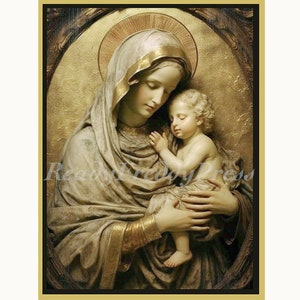Kerstkaarten Gouden Madonna/ Religieus/Vintage Afbeelding/ Madonna en kind/ Religieuze beeldhouwwerken/ Set van 8 kaarten en enveloppen in doos