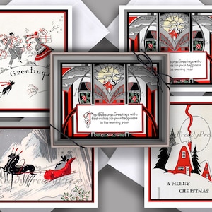 Notecards Art Deco/ Graphic/ Christmas/ Vintage Image/Red, Gray,Black/ Holiday/Boxed Set of 8 Notecards & Envelopess