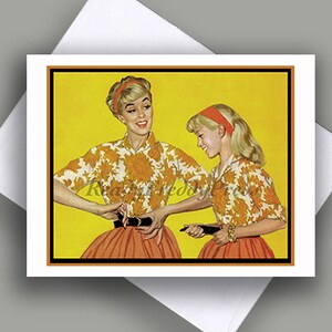Einzelne Grußkarte/ Vintage Bild/ Muttertag/ Mutter und Tochter Outfits/ 1950s/ Werbekunst/ Innen leer