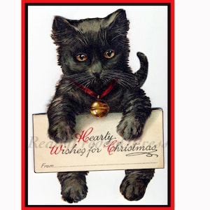 Black Cat kerstkaarten / vakantie / vintage afbeelding / Victoriaans / Jingle Bell / "Hearty Wishes" / set van 8 in doos met enveloppen / blanco