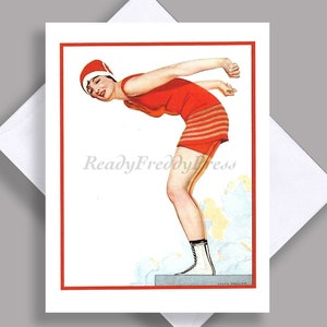 VENDA Cartão de nota único/ Linda garota/ Maiô/ Verão/ Prancha de mergulho/ Ilustração vintage 1920/ Coles Phillips/ Cartão único com envelope