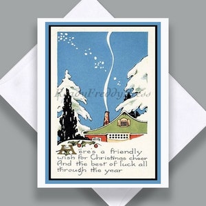 Puede incluir: Tarjeta de Navidad vintage con una escena de invierno nevada con una peque&ntilde;a casa verde y roja, dos pinos y un cielo azul con copos de nieve blancos. La tarjeta incluye el texto "Here's a friendly wish for Christmas cheer And the best of luck all through the year."