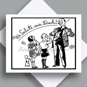 Carte pour la fête des pères/image vintage/papa//parent/fils/ « Nous saluons notre père ! Amusant/Humour/Famille/Fier papa/père/petit chien