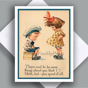 Cartão de nota único/ Fonte: Vintage Valentine/ Década de 1930/ Menino e menina/ Tímido/ Sarcástico/ Engraçado/ Ilustração/ Cartão único com envelope