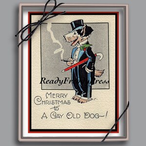 K&ouml;nnte beinhalten: Vintage Weihnachtskarte mit einem Cartoon-Hund im Smoking, Zylinder und mit einem Stock. Die Karte lautet "Frohe Weihnachten an einen lustigen alten Hund!"