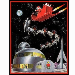 Outer Space Weihnachts Grußkarten/ Vintage Bild/ Santa & Rentier/ Sci-Fi/ Space Kolonie/ Boxed Set von 8 Karten mit Umschlägen/ Blanko