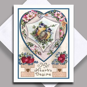 Enkele Victoriaanse Valentijnskaart/ Vintage afbeeldingen/ Liefde/ Harten/ Bloemen/ Vogels/ Hearts Desire/ Enkele kaart met envelop