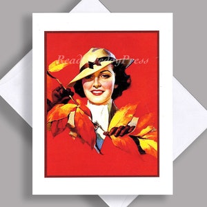 SALDI Singolo biglietto/ Immagine vintage anni '30/ Autunno/ Moda/ Elegante/ Cappello e guanti/ Rosso/ Foglie autunnali/ Biglietto con busta