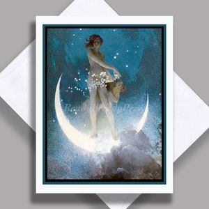 Carte de correspondance unique êtres magiques/ image vintage/ fées/ déesses/ciels et étoiles/ lune/ carte de correspondance unique avec enveloppe/ blanc