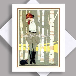 SALE enkele kaart/vintage afbeelding 1924/herfst/mode/art deco/ Coles Phillips/berken/rijbroek/notecard met envelop
