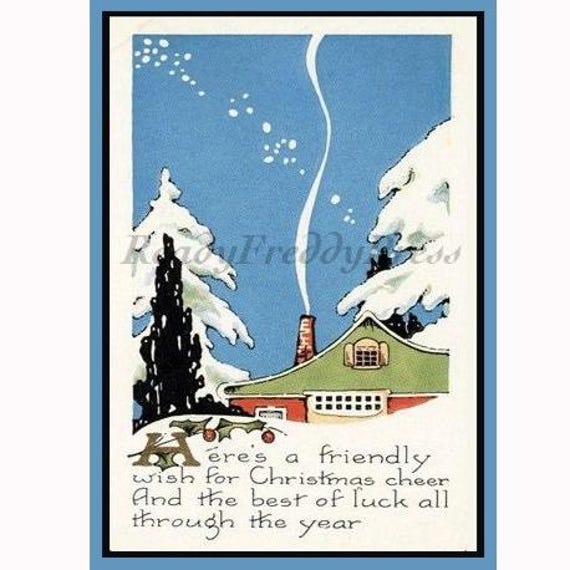 Christmas Card Holiday/ Cottage Christmas/ Vintage Image/Art Deco/Kmas Cheer/Boxed Set of 8 Notecards & Envelopess