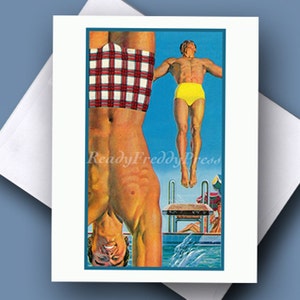 Grußkarten Junge Sommer/ Vintage Werbebilder/ Männer/ Gay/ Entspannen/ Schwimmen/ Cocktails/ Einladung/ Geschenk/ Set von 8 Karten mit Umschlägen